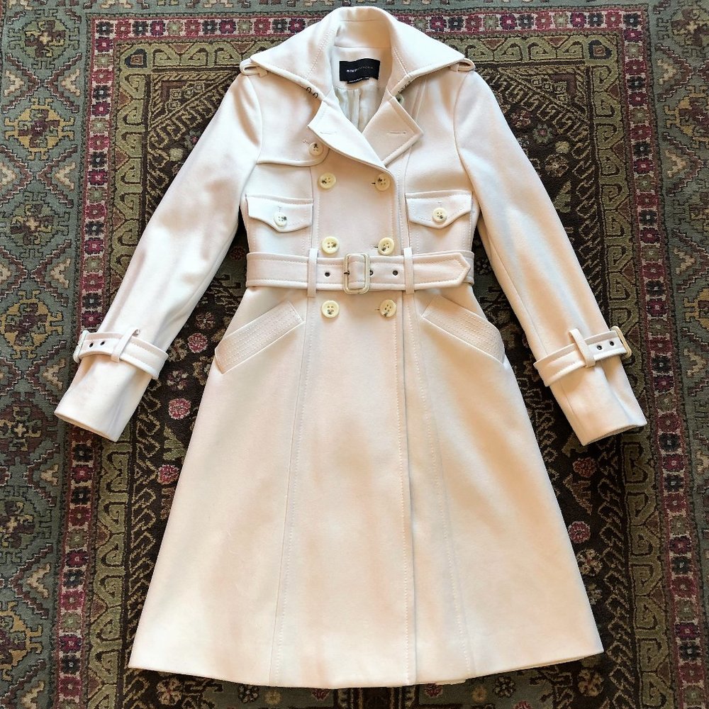 BCBG MaxAzria Long Virgin Wool Ivory Military Peacoat XXS